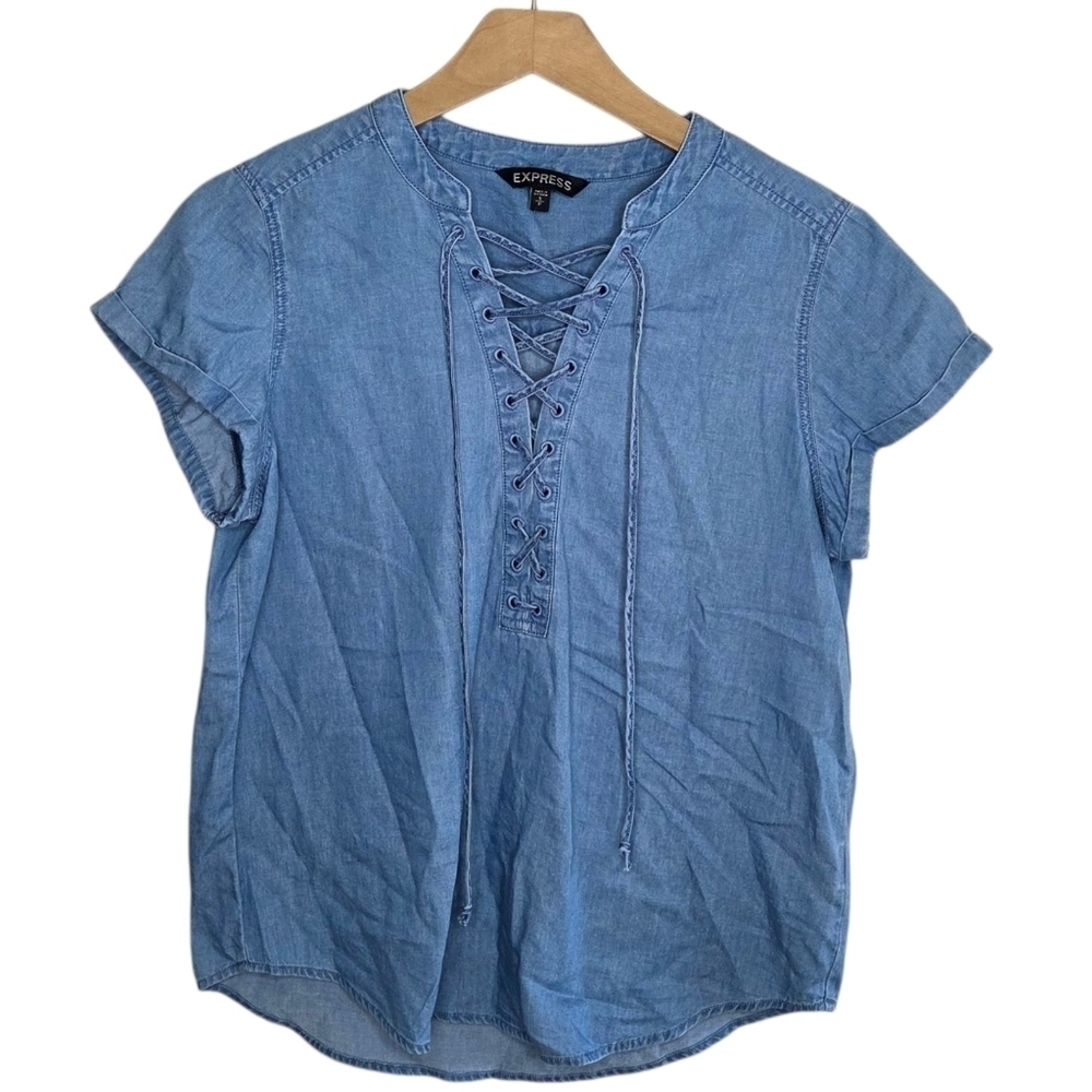Express Chambray Denim Blue Lace-Up Short Cuffed Sleeve Shirt Size Small